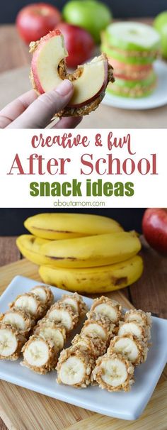 an apple and banana sandwich on a white plate with the words creative & fun after school snack ideas