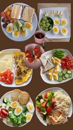 four plates with different types of food on them, including eggs, bread and vegetables