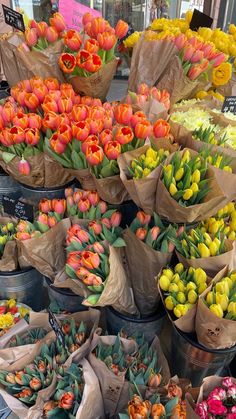 many different types of flowers are on display at the flower market, including tulips