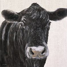 a painting of a black cow looking at the camera