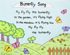 a poem written by a child with butterflies flying over the hills and trees in the background