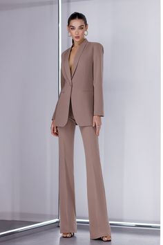 Fabric: High quality suiting fabric crepe diagonal 65% Cotton, 35% Polyester Included: jacket and pants Shawl-lapel Single-breasted High-rise flared pants Fitting: Regular-Fit Lining option: Fully-Lined Jacket vent: No vent Pants length (inseam): 95cm/ 37.5in Affordable Long Sleeve Pantsuit For Office, Luxury Long Sleeve Career Pantsuit, Chic Luxury Pantsuit For Workwear, Luxury Women's Business Pantsuit, Luxury Spring Suits For Workwear, Luxury Straight Leg Suits For Workwear, Luxury Fitted Structured Pantsuit, Luxury Sleek Pantsuit, Elegant Luxury Stretch Pantsuit