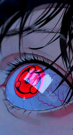 an anime character's eye with the letter c on it, in red and blue