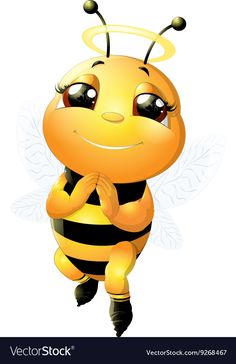 a cartoon bee with an angel halo on its head and hands in the air - animals characters