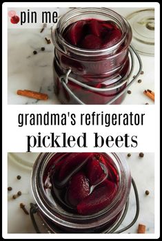 two jars filled with pickled beets on top of a table