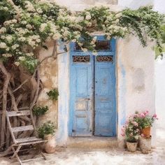 a painting of a blue door with flowers on the outside and steps leading up to it