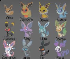 some type of pokemon characters with different names on their faces and body parts, all in different colors