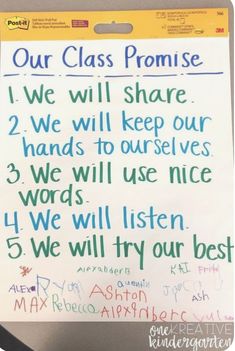 a sign with writing on it that says our class promise i will share 2 we will keep our hands to ourselves