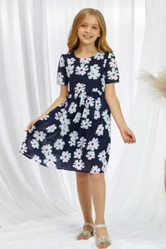 This cute dress is perfect for formal or casual occasions. •This girls midi dress is full of floral prints that is bright, cheery, cute and beautiful. •Made of silky smooth satiny fabric, fully lined for an elegant look and feel. •This dress has convenient pockets to carry important items. •Hidden zip up back. Very nicely made casual/formal dress! Size Chart (INCH) Sizes Bust Shoulder Sleeve_Length Length Relax Relax Relax Relax S 26.0 10.6 6.3 24.4 M 27.6 11.0 6.9 27.2 L 29.5 11.9 7.5 29.9 XL 3 Short Puff Sleeve Dress, Transparent Clothing, Casual Formal Dresses, Clothing Packaging, Print Chiffon Dress, Short Puff Sleeve, Blue Crewneck, Blue Daisy, Puff Sleeve Dress