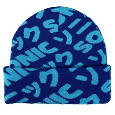 This awesome beanie inspired by the classic Sonic the Hedgehog video game from Sega will warm you up but make you look cool on cooler days! This vibrant hat features a bright blue all-over print of the Sonic logo and a flat embroidered patch of Sonic running along the front cuff. This cozy blue beanie is made of high-quality acrylic yarn so it gives a snug yet comfortable and warm fit for all day wear. The Sonic Flat Embroidery Blue AOP Jacquard Acrylic Knit Beanie is a must-have for Sonic fans! Blue Winter Beanie Cap, Blue Hats With Letter Print For Streetwear, Blue Letter Print Hats For Streetwear, Blue Beanie For Winter, Warm Blue Beanie Cap, Blue Casual Beanie For Streetwear, Retro Blue Hat For Streetwear, Blue Outdoor Beanie Hat, Outdoor Blue Beanie Hat