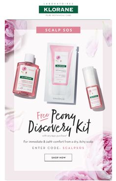 an advertisement for klorane's free peony discovery kit with pink flowers