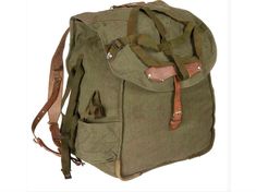 a green backpack with brown straps on it