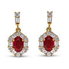 18kt Yellow Gold Dazzling Earrings, Ruby Earrings Studs, Red Spinel, Rubellite Tourmaline, Red Gemstones, Ruby Earrings, Pure Color, Baguette Diamond, Round Diamonds