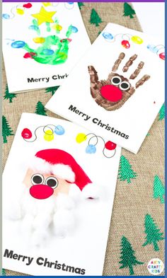 three handprinted christmas cards with santa claus