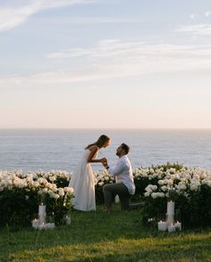 a man kneeling down next to a woman on top of a lush green field near the ocean