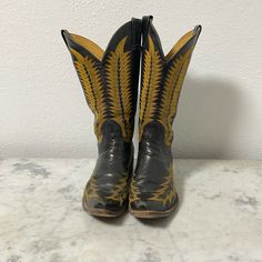 Well Loved Men’s 10.5 D Rod Patrick Black & Yellow Cowboy Cowgirl Boots Yellow Fitted Boots With Round Toe, Yellow Western Leather Boots, Yellow Fitted Casual Boots, Yellow Western Boots With Round Toe, Yellow Leather Boots With Snip Toe, Yellow Leather High-top Boots, Yellow High-top Leather Boots, Cowboy Cowgirl, Cowboy Western