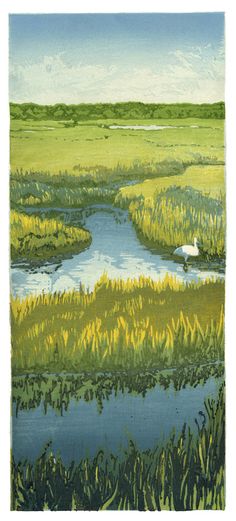 a painting of grass and water in the middle of a field with ducks on it