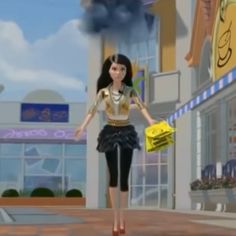 a cartoon girl is walking down the street