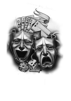 two masks with playing cards and dices on their faces, one is black and white