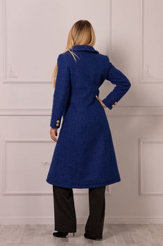 "Classic, single-breasted blue overcoat in a cozy Boucle fabric. Very warm and soft...! You can wear this coat again and again ...with your jeans, leggings for a casual look....or with a dress for a feminine and evening outlook...! 𝙺 𝙴 𝚈 𝙵 𝙴 𝙰 𝚃 𝚄 𝚁 𝙴 𝚂 - Shoulder pads - Buttoned single-breasted closure - Front pockets - Shift silhouette - Cloverleaf collar ⚜Fabulous and luxurious designs made to flatter your femininity⚜ ⚜ 𝙿 𝙴 𝚁 𝚂 𝙾 𝙽 𝙰 𝙻 𝙸 𝚉 𝙰 𝚃 𝙸 𝙾 𝙽 ➺ The coat comes Blue Wool Double-breasted Outerwear, Winter Outerwear With Covered Buttons And Lapel Collar, Blue Wool Coat With Lapel Collar And Pockets, Blue Double-breasted Wool Outerwear, Blue Double-breasted Pea Coat With Button Closure, Blue Double-breasted Long Sleeve Pea Coat, Blue Double-breasted Long Sleeve Peacoat, Blue Long Sleeve Double-breasted Peacoat, Blue Wool Coat With Button Closure And Lapel Collar