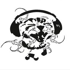 a black and white drawing of a dog with headphones on it's ears