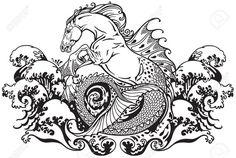 a black and white drawing of a mermaid riding a horse on top of an ocean wave