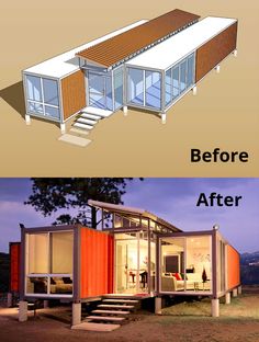 the before and after pictures of a shipping container that has been converted into a house