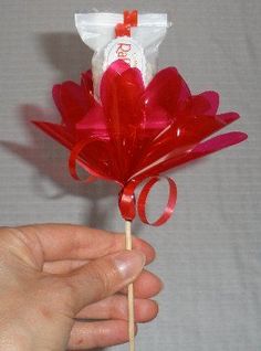 a hand holding a red and white lollipop with a bag on the top