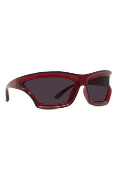 Curved lenses and logo-accented temples add visual intrigue to mask sunglasses designed in collaboration with the boutique Paula's Ibiza. 70mm lens width; 17mm bridge width; 115mm temple length 100% UV protection CR-39 lenses Injected plastic Made in Italy Modern Red Shield Sunglasses With Gradient Lenses, Modern Red Tinted Shield Sunglasses, Red Modern Shield Sunglasses With Uv Protection, Modern Red Shield Sunglasses With Uv Protection, Red Modern Shield Sunglasses With Polarized Lenses, Modern Red Polarized Shield Sunglasses, Modern Red Shield Sunglasses With Polarized Lenses, Modern Red Cat Eye Sunglasses With Uv Protection, Red Cat Eye Sunglasses With Uva Protection