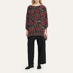 Eskandar floral-print long tunic  Bateau neckline 3/4 sleeves Hem hits above the knee Long length  Silk Made in Poland Embroidered Tunic Top, Bateau Neckline, Satin Maxi, Floral Tunic, Embroidered Tunic, Long Tunic, Tie Dyed, Bergdorf Goodman, Long Length