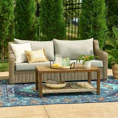 a couch and coffee table on a rug in the middle of a patio with trees