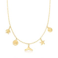 Ross-Simons - 18kt Gold Over Sea Life Charm Paper Clip Link Necklace. 18". Handcrafted in 18kt yellow gold over sterling silver, this ocean-inspired necklace is perfect for the beach lover! Featuring five highly detailed charms including a sea turtle, a sand dollar, a whale's tail, a starfish and a seashell dangling from on-trend paper clip links. Textured and polished finishes. Lobster clasp, 18kt gold over sterling sea life charm paper clip link necklace. Yellow Gold Starfish Charm Necklace For Beach, Yellow Gold Necklace With Starfish Charm For Beach, Gold Ocean-inspired Jewelry With Dangling Charms, Ocean-inspired Gold Jewelry With Dangling Charms, Yellow Gold Starfish Charm Jewelry For Beach, Ocean-inspired Jewelry With Dangling Charms For Gifts, Sea Necklace, Inspired Necklace, Whale Tail