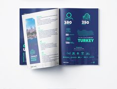 an open brochure is shown on a white surface with blue and green colors