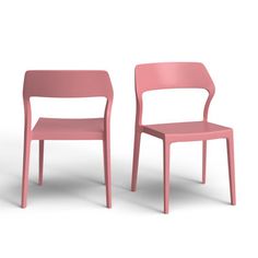 two pink chairs sitting next to each other on a white surface with one chair facing the other