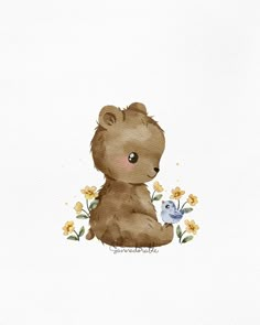 a watercolor painting of a teddy bear with flowers