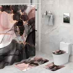 a bathroom with marbled walls and flooring in black, pink and white colors