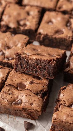 brownies with chocolate chips are arranged on top of each other