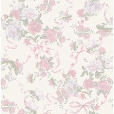 a floral wallpaper with pink flowers and green leaves on the bottom half of it