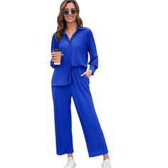 Women's 2 Piece Casual Pleated Outfits Short Sleeve Button Down Shirt High Waist Wide Leg Trouser Sets Suit Package:1 x Long Sleeve Button Down Shirt+ 1 x High Waisted Loose Wide Leg Pants Neckline: V Neck Soft, Breathable, Comfy Fabric Simple Solid Color Striking Functional Contrast Buttons Design Sleeve Length:Long sleeve Season: Summer,Spring,Fall,Winter All Matching:Button down blouse jumpsuit outfit,short sleeve blouse top and pant tracksuit outfit,loose button down shirt and palazzo pant s Casual Sets With Button Closure And Relaxed Fit, Solid Color Button-up Sets With Pockets, Casual Sets With Button Closure In Relaxed Fit, Casual Loungewear Sets With Button Closure, Casual Fall Sets With Collared Shape, Blue Collared Sets With Pockets, Casual Collared Sets With Buttons, Relaxed Fit Button-up Sets With Buttons, Casual Blue Buttoned Sets