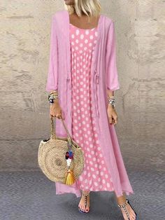 Boho 3/4 Sleeve Spaghetti Straps Polka Dot Printed Casual Two Piece Maxi Dress - Azzlee Summertime Dresses, Best Summer Dresses, Bohemian Skirt, Maxi Long Dress, Summer Hot, Dresses By Length, Pink Maxi Dress, Style Maxi Dress, Loose Dress