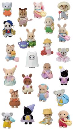 many small toy animals are shown together on a white background with the same color and size