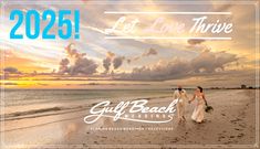 two brides walking on the beach at sunset with text reading let love thieve