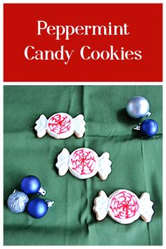 the cover of peppermint candy cookies with blue and red decorations on it, along with an ornament