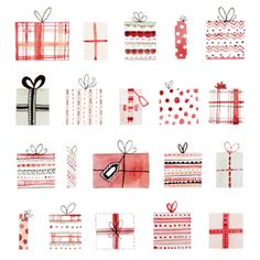 many different types of gift boxes with ribbons and bows on them, all wrapped in red and white paper