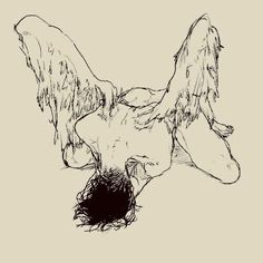 a black and white drawing of an angel laying on its back with wings spread out