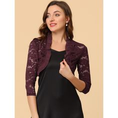 The ruffle collar, sheer floral lace fabric, and crop length give a unique, elegant touch. This cardigan shrug is perfect for layering over your favorite dresses or tops. It adds the right amount of coverage without taking away from the overall style of your outfit. If you're looking for a versatile and stylish piece to add to your wardrobe, the Women's Elegant Ruffle Collar Crop Cardigan Sheer Floral Lace Shrug Top is the perfect choice. It's a timeless piece that you can wear season after seas Crop Shrug, Short Sleeve Bolero, Shrug Top, Cropped Shrug, Lace Shrug, Lace Bolero, Bolero Shrug, Crop Cardigan, Lace Cuffs