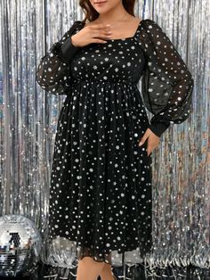 Plus Size Women Casual Snowflake Pattern Lantern Sleeve Dress, Autumn/Winter Multicolor Elegant  Long Sleeve Fabric Geometric,Polka Dot A Line High Stretch  Women Plus Clothing, size features are:Bust: ,Length: ,Sleeve Length: Big Hair Bands, Plus Size Women Casual, Suit Jackets For Women, Sequin Decor, Dress Autumn, Lantern Sleeve Dress, Women's Shapewear, Snowflake Pattern, Vestido Casual