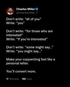 a text message from charles miller on the topic'don't write all of you '