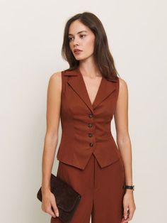 Package deal Shop the Taryn Two Piece from Reformation, a two piece set with a sleeveless vest top with center front buttons and a wide leg pant. Eucalyptus Trees, Fig Jam, Suiting Fabric, Package Deal, Wide Leg Pant, Sleeveless Vest, New Tops, Two Piece Set, Vest Top