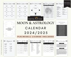 the moon and astrology calendar is shown in black, white, and orange colors